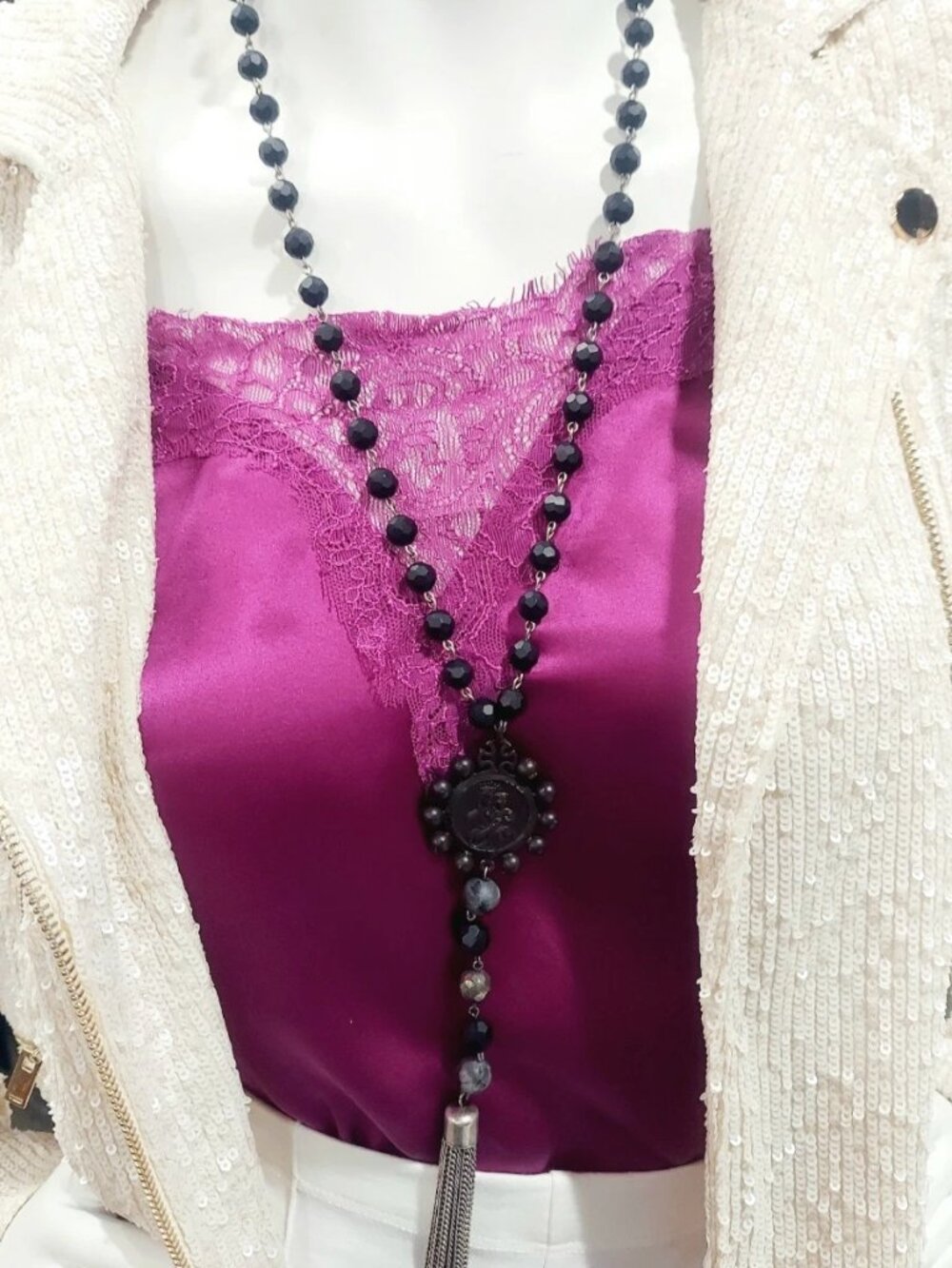 French Kande Matte Onyx Crowning Mary Tassel Necklace
